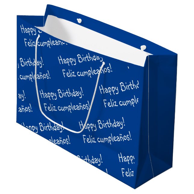 Blue and white Bilingual Happy Birthday  Large Gift Bag (Front Angled)