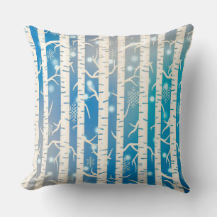 Blue and White Birch Trees and Snowflakes Cushion