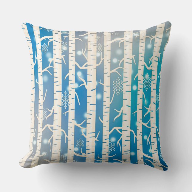 Blue and White Birch Trees and Snowflakes Cushion (Front)