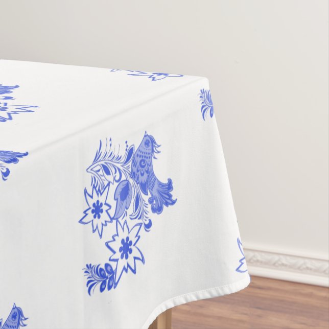 Blue and White Bird and Edelweiss Pattern Tablecloth (In Situ)