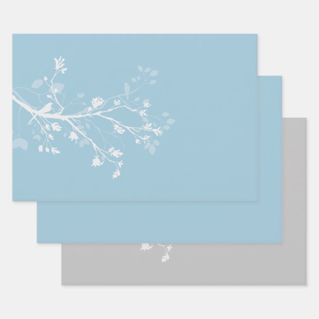 Blue and White Bird Branches Wrapping Paper Sheet (Set)