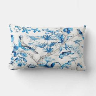 Blue and White Bird Oriental Chinoiserie Lumbar Cushion