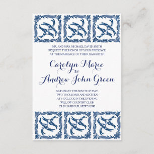 Blue and white birds chinoiserie delft toile china invitation