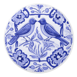 Blue and White Birds Folk Floral Bluebirds  Ceramic Knob