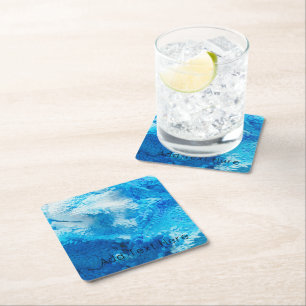 Blue and White Blended Abstract Art Square Paper Coaster
