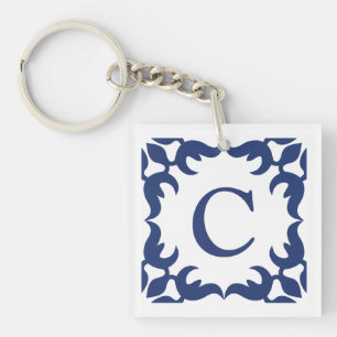 Blue and White Blue Scroll Frame Monogram Key Ring