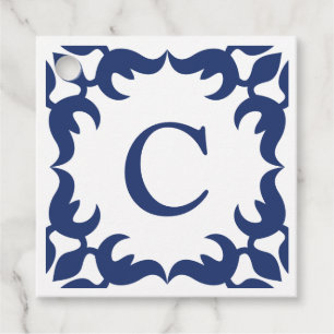 Blue and White Blue Scroll Frame Monogram Square Favour Tags