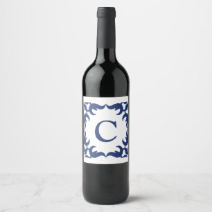 Blue and White Blue Scroll Frame Monogram Wine Label