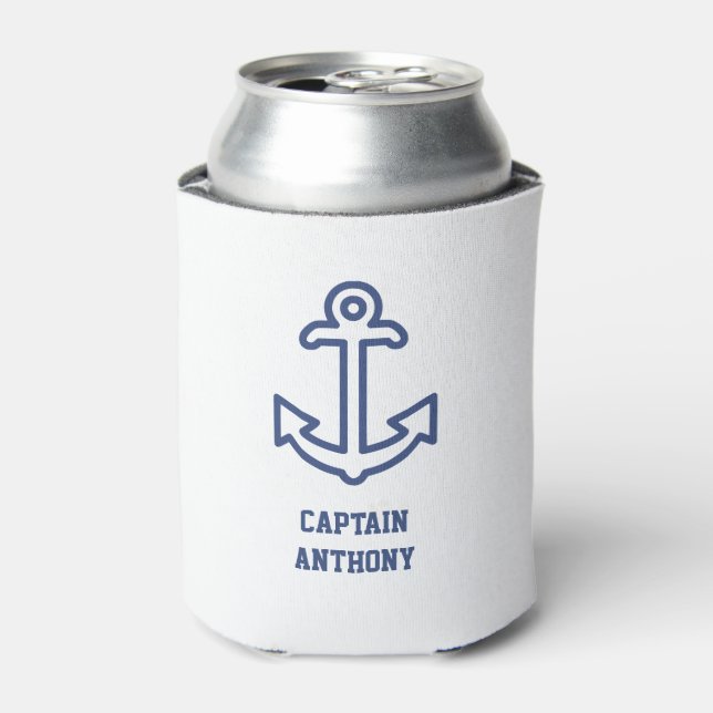 Blue and White Boat Anchor Personalised Can Cooler (Can Front)