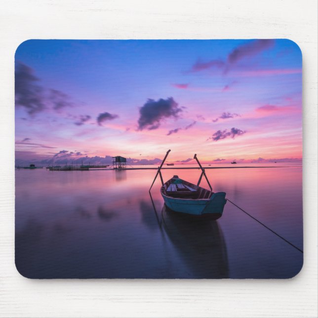 Blue and White Boat on Body of Water Mouse Pad (Front)
