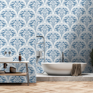 Blue and White Boho Art Deco Shell -Modern Coastal Wallpaper