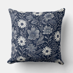 blue and white boho Whimsical floral Block print Cushion