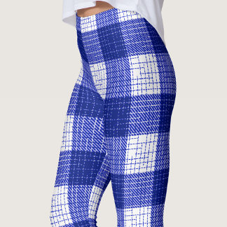 Blue and White Bold Checkered Plaid Design  Leggings