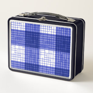 Blue and White Bold Checkered Plaid Design Metal Lunch Box