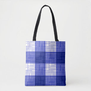 Blue and White Bold Checkered Plaid Design Tote Bag