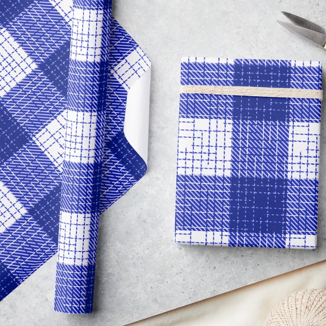 Blue and White Bold Checkered Plaid Design  Wrapping Paper (Creator Uploaded)
