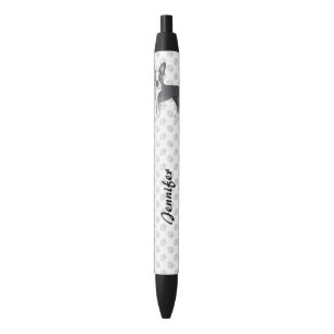 Blue And White Boston Terrier Cartoon Dog & Name Black Ink Pen