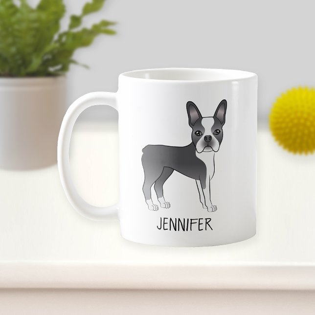Blue And White Boston Terrier Cartoon Dog & Name Coffee Mug (Creator Uploaded)