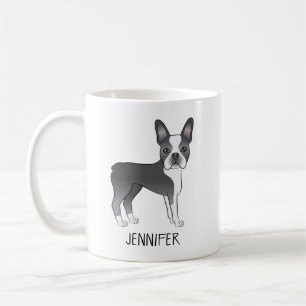 Blue And White Boston Terrier Cartoon Dog & Name Coffee Mug