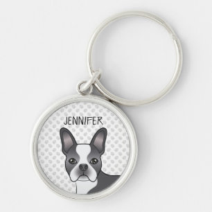Blue And White Boston Terrier Cartoon Dog & Name Key Ring