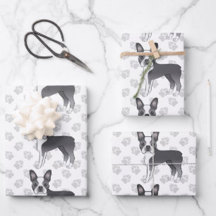 Blue And White Boston Terrier Cartoon Dog Pattern Wrapping Paper Sheet