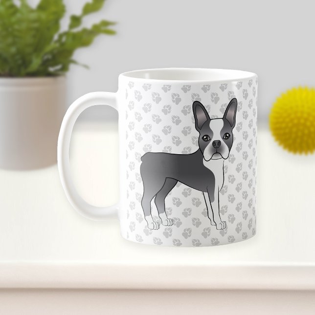 Blue And White Boston Terrier Cartoon Dog & Paws Coffee Mug (Creator Uploaded)
