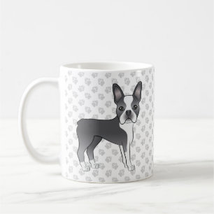 Blue And White Boston Terrier Cartoon Dog & Paws Coffee Mug