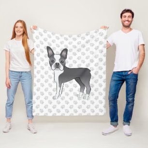 Blue And White Boston Terrier Cartoon Dog & Paws Fleece Blanket