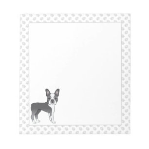 Blue And White Boston Terrier Cartoon Dog & Paws Notepad