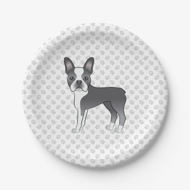 Blue And White Boston Terrier Cartoon Dog & Paws Paper Plate (Front)