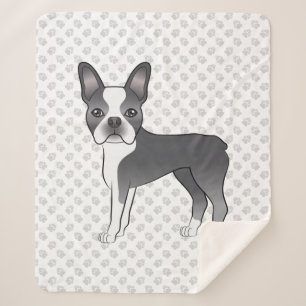 Blue And White Boston Terrier Cartoon Dog & Paws Sherpa Blanket