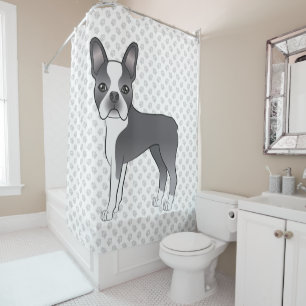 Blue And White Boston Terrier Cartoon Dog & Paws Shower Curtain