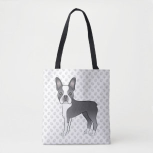 Blue And White Boston Terrier Cartoon Dog & Paws Tote Bag
