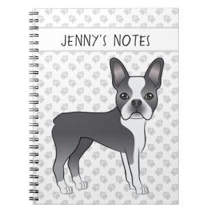 Blue And White Boston Terrier Cartoon Dog & Text Notebook