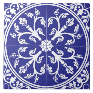 Blue and White Botanical Abstract Circle Vintage Ceramic Tile