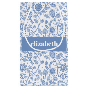 Blue and White Botanical Floral Custom Name Modern Small Gift Bag