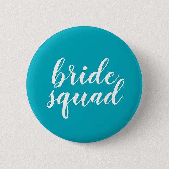Blue and white "bride squad" button (Front)