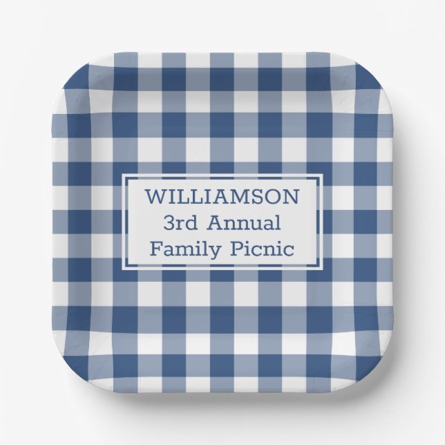 Blue and White Buffalo Check Family Picnic Paper Plate (Front)