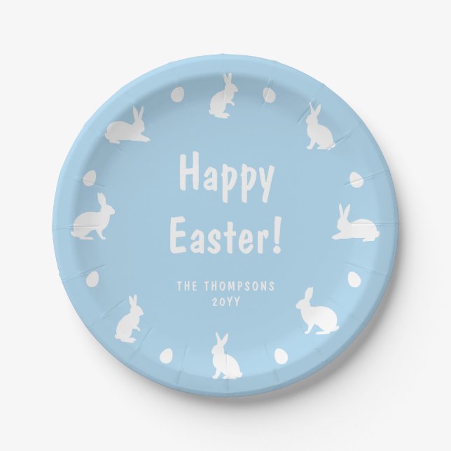 Blue And White Bunnies And Eggs Happy Easter Paper Plate (Front)