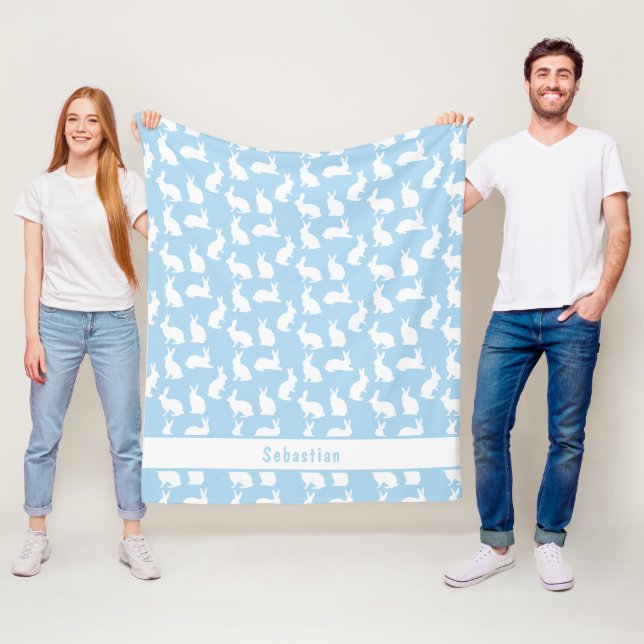 Blue And White Bunny Pattern Cute Rabbits And Name Fleece Blanket (In Situ)
