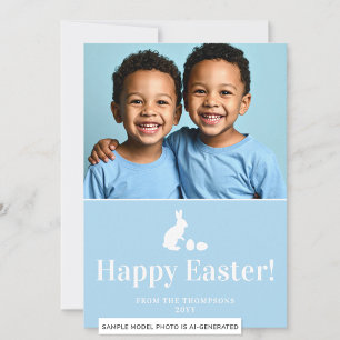 Blue And White Bunny With Custom Photo Easter Card