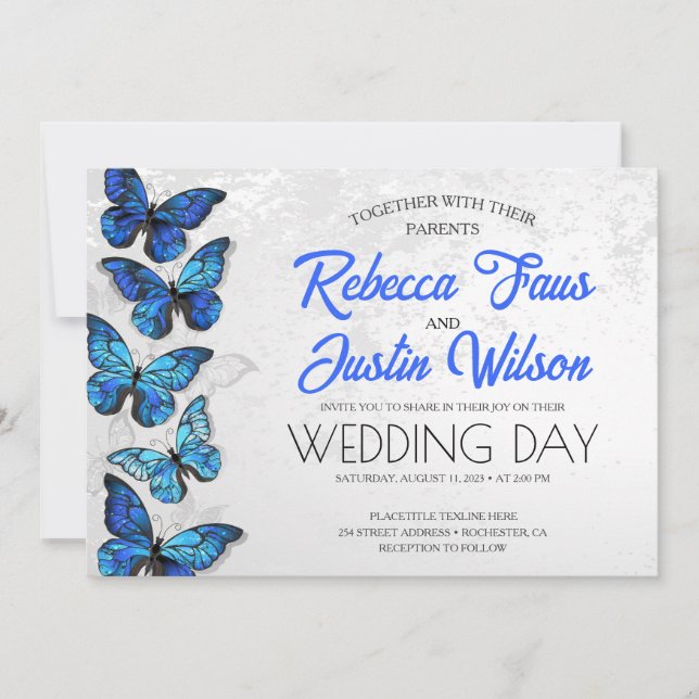 Blue and White Butterflies Morpho Monarch Invitation (Front)