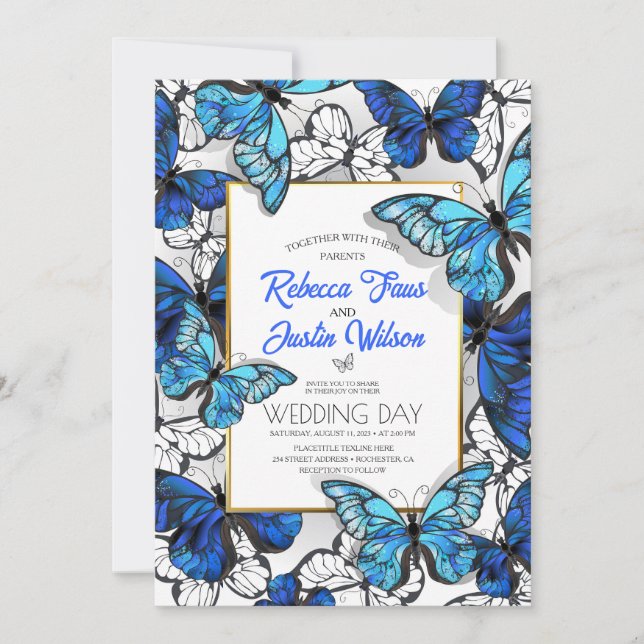 Blue and White Butterflies Morpho Monarch Invitation (Front)