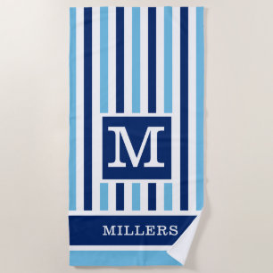 Blue And White Cabana Stripe Family Name Monogram Beach Towel