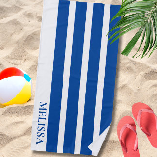 Blue And White Cabana Stripe Personalised Name Beach Towel