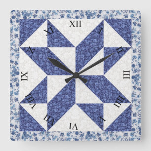 Blue and White Calico Faux Quilt Square Wall Clock
