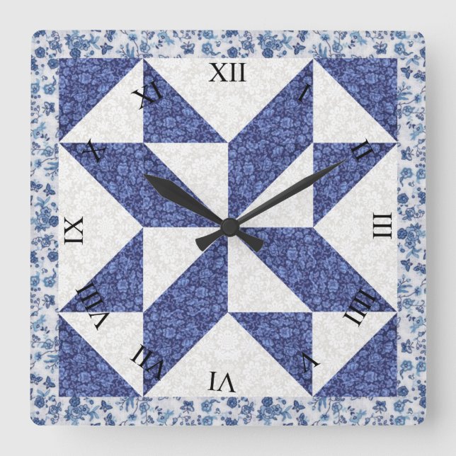 Blue and White Calico Faux Quilt Square Wall Clock (Front)