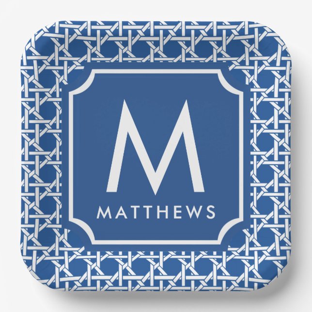 Blue and White Cane | Rattan | Monogram Paper Plate (Front)