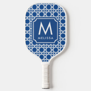 Blue and White Cane Rattan Monogram Pickleball Paddle