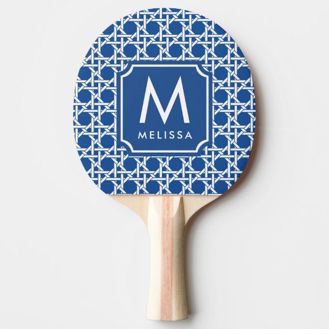 Blue and White Cane | Rattan | Monogram Ping Pong Paddle (Front)